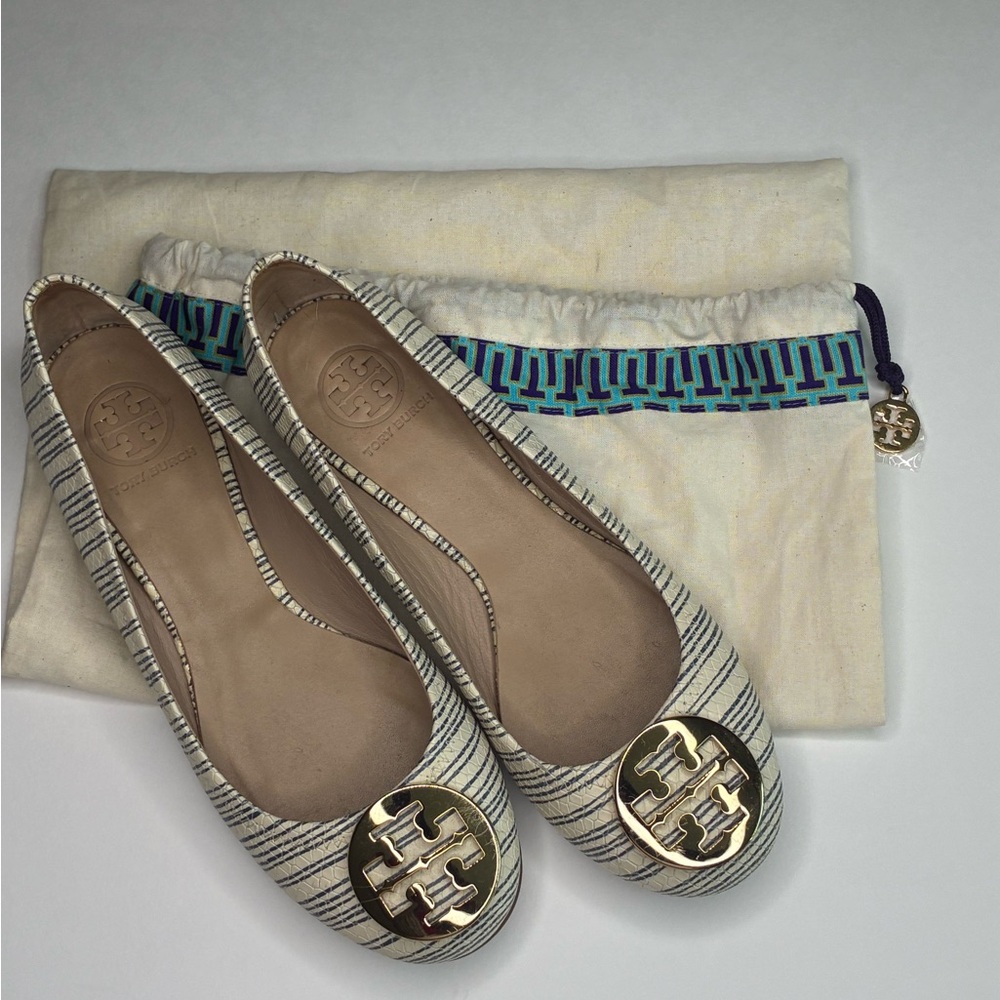 Tory Burch Reva Stripe Ballet Flat Beige Blue Snakeskin Size 8M with Dust Bag